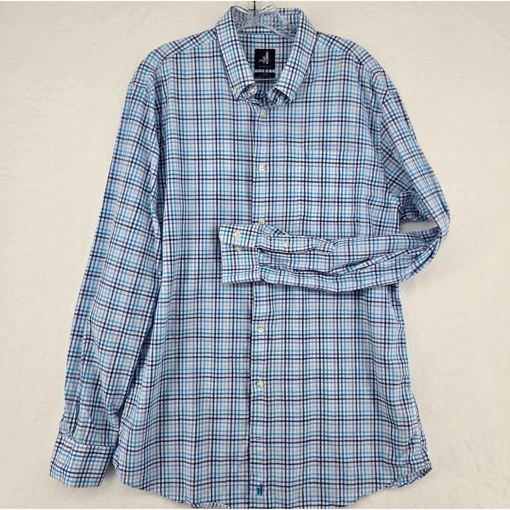 Johnnie‎ O Mens Shirt Blue White Size Large Plaid Checked Surfer Classic Casual